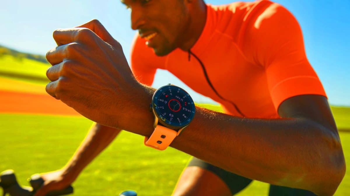 Illustration de la Huawei Watch GT 6 Pro, une montre connectée conçue pour les cyclistes et sportifs avancés.