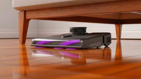 Illustration de l'aspirateur laveur Mova M50 Ultra en action lors d'un nettoyage domestique.