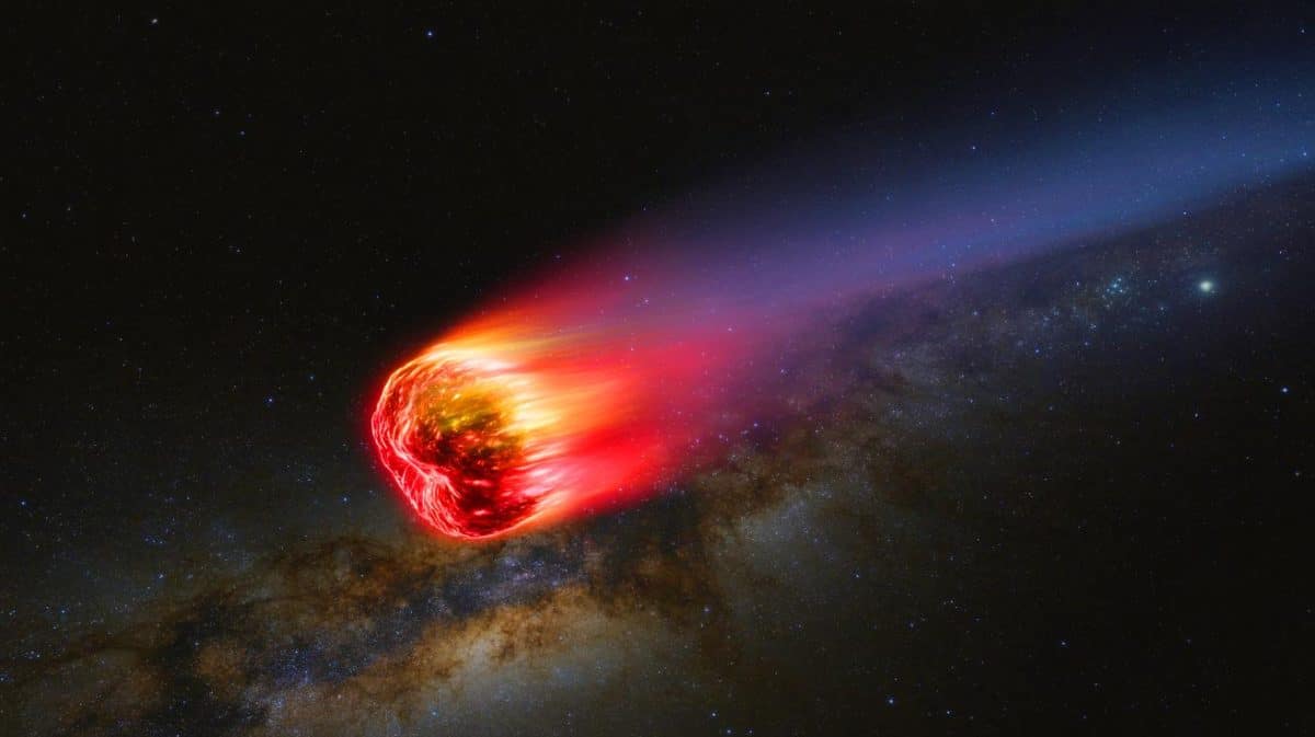 Illustration de la comète interstellaire 3I/ATLAS traversant notre système solaire.