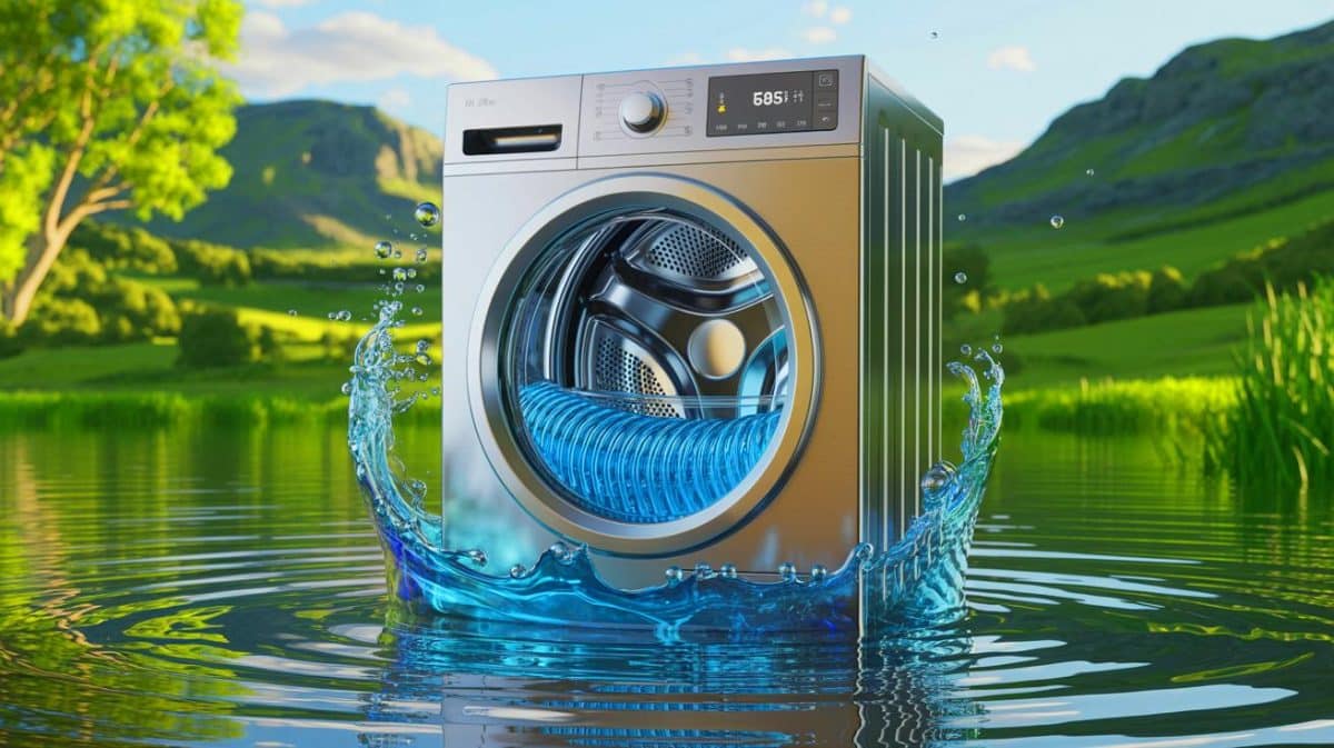 Illustration de l'ingénieux système de filtration inspiré des poissons pour capturer les microplastiques des lave-linge.